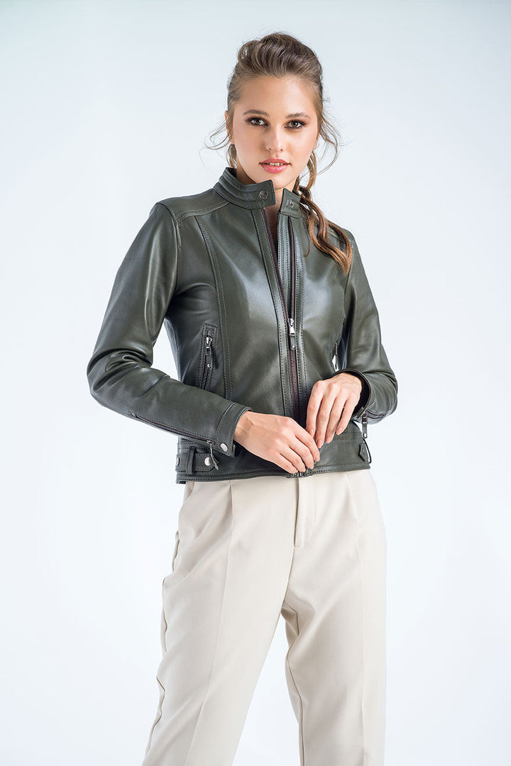 Olive Genuine Cropped Leather Jacket-2