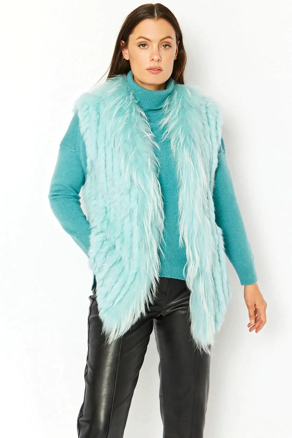 Turquoise Fox and Coney Fur Gilet With Collar Feature-0