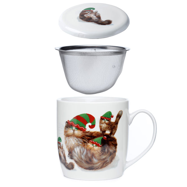 Porcelain Mug & Infuser Set - Kim Haskins Christmas Elf Cats XIMUG08