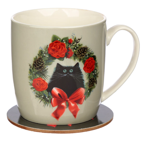 Christmas Porcelain Mug & Coaster Set - Kim Haskins Christmas Wreath Cat XMUGC14-0