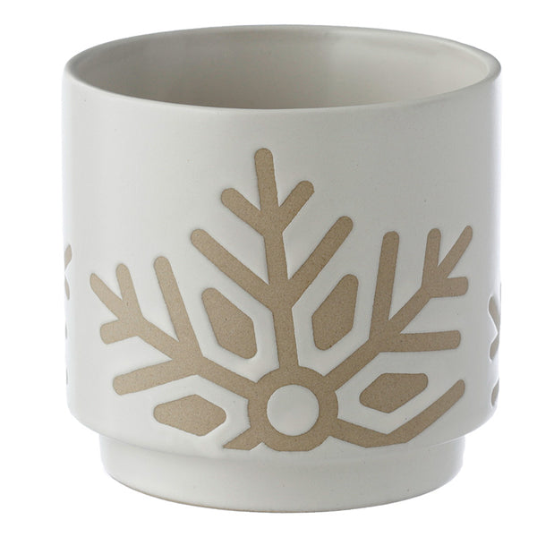 Decorative Stoneware Indoor Freestanding Planter/Small Plant Pot - Christmas Snowflake White Glaze Relief XPLAN45