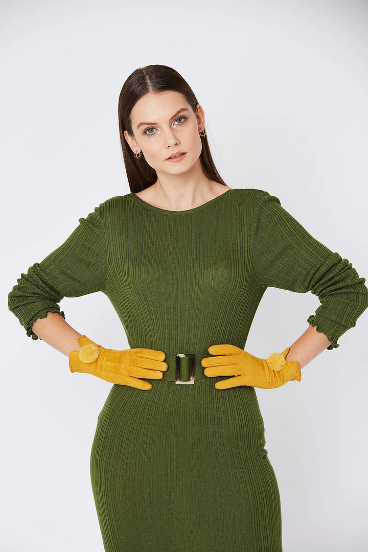 Yellow Faux Suede Gloves With Faux Fur Pom-1