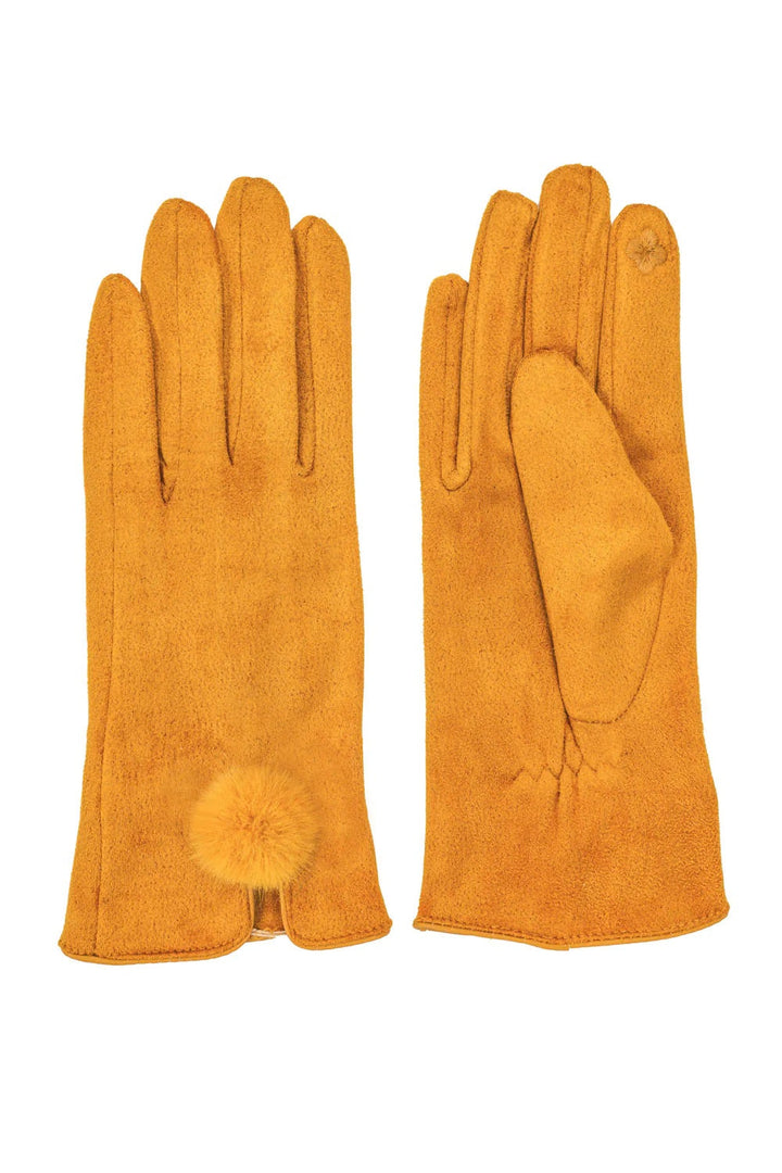 Yellow Faux Suede Gloves With Faux Fur Pom-2