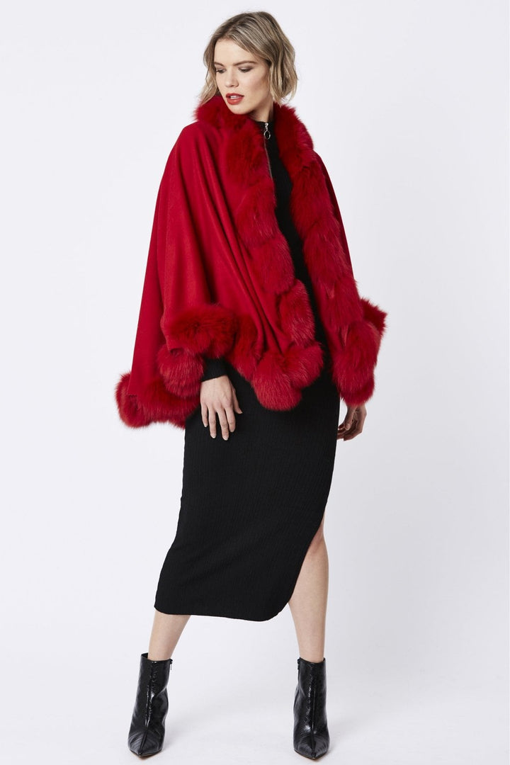 Red Evelyn Cashmere Cape with Fox Fur Trim-1