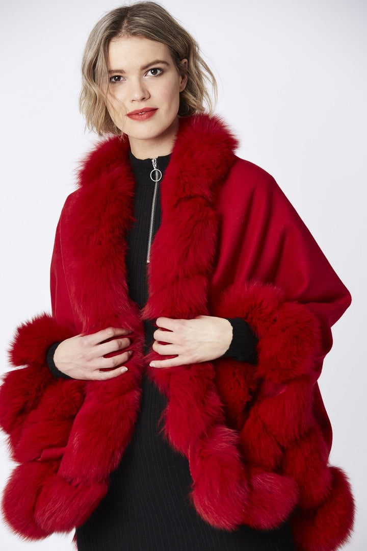 Red Evelyn Cashmere Cape with Fox Fur Trim-2