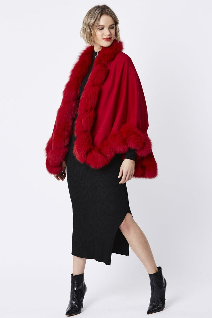Red Evelyn Cashmere Cape with Fox Fur Trim-3