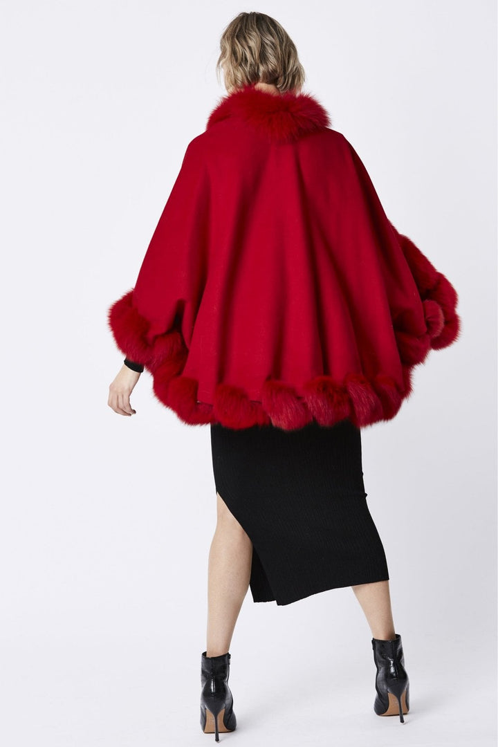 Red Evelyn Cashmere Cape with Fox Fur Trim-4