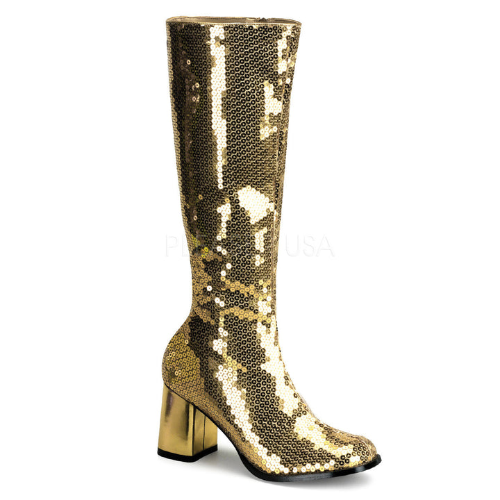 Bordello - Spectacul300SQ Block Heel Gold Sequins Knee Boot - Egg n Chips London