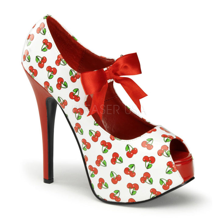 Pin Up Couture - Teeze White-Red Patent Peep Toe Heels with Cherries Print - Egg n Chips London
