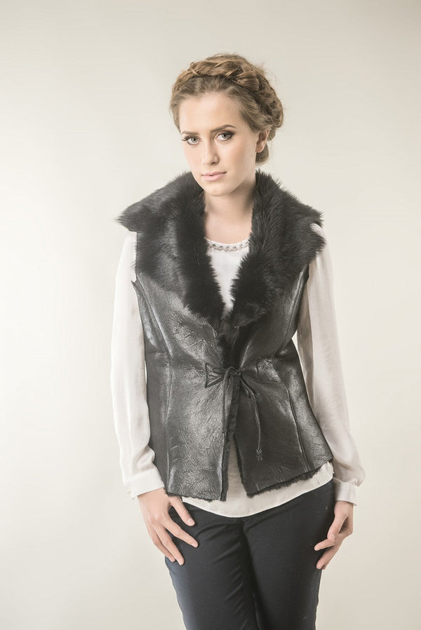 Black Merino Fur Nappa Lamb Leather Vest-0